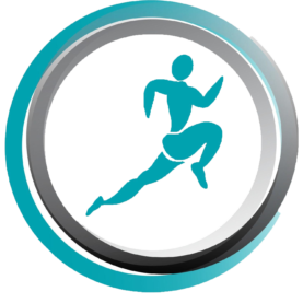 A blue and silver circular icon with a person running.